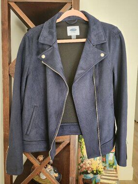 Old Navy Faux Suede Moto Jacket Navy Blue Zip Biker Style Size L